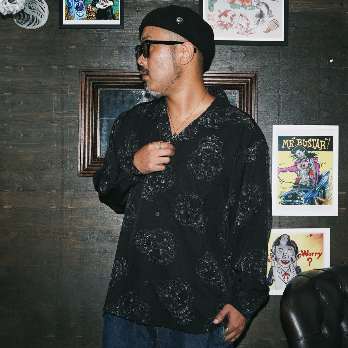 SK OLDIES pattern L/S shirt "Panther skull"