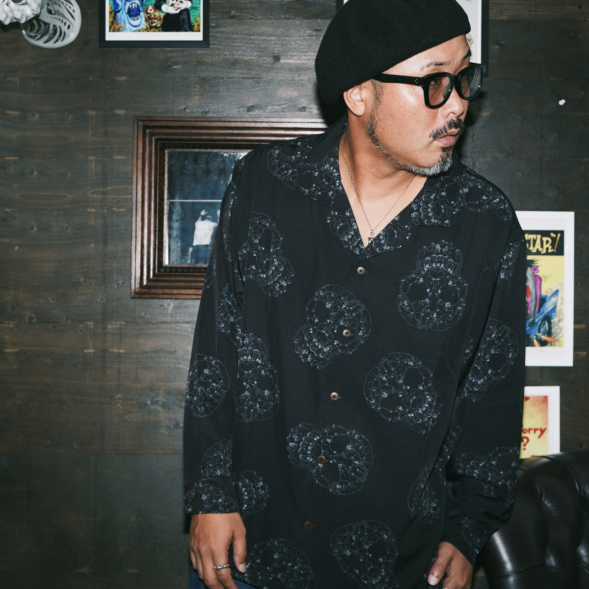 SK OLDIES pattern L/S shirt "Panther skull"